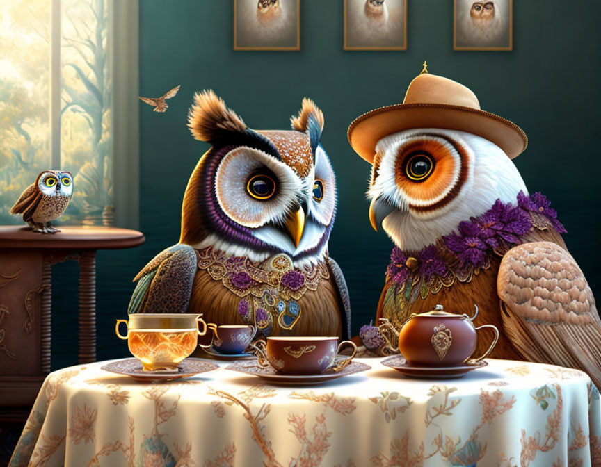 Anthropomorphic owls in Victorian attire at a tea party with owl portraits.