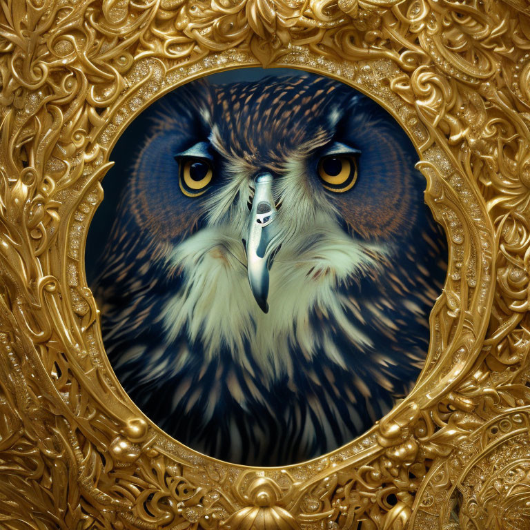 Intense eagle face in ornate golden circular frame