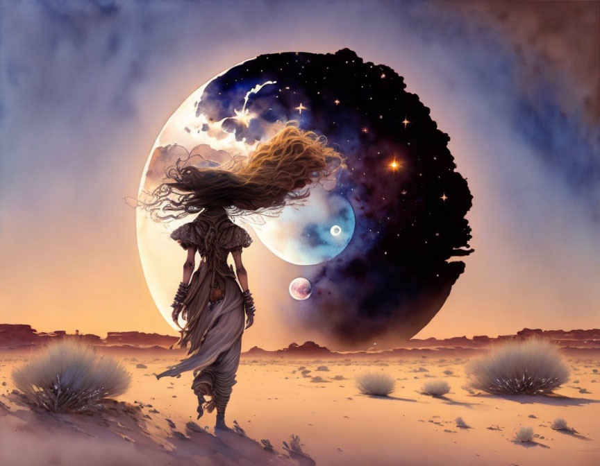 Surreal artwork of woman walking towards cosmic celestial body