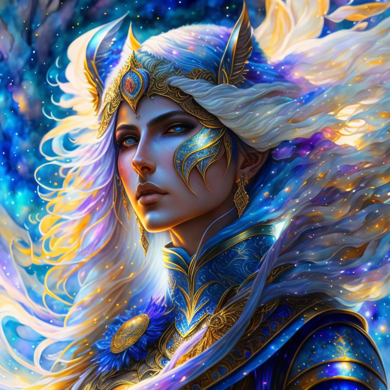 Fantastical image of an elf-like figure in golden armor with celestial background