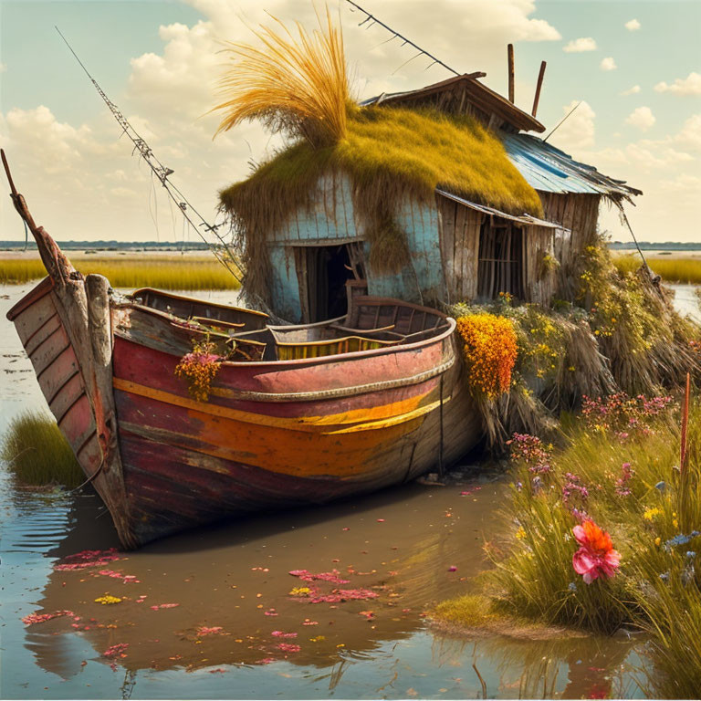 Rustic houseboat with wild grass and flowers on tranquil water.