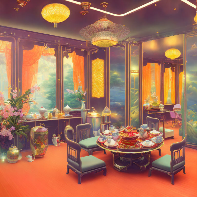 Luxurious Orange and Blue Room with Tea Set, Golden Curtains, and Chinese Vases