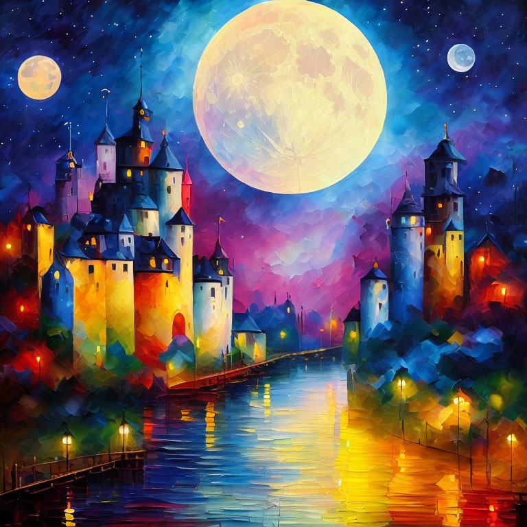 Nighttime castle painting with moonlit reflections on water.