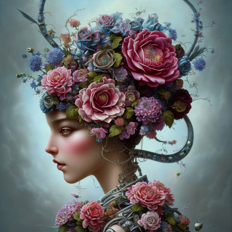 Digital artwork: Woman's profile with lush flower and mechanical headdress against cloudy sky