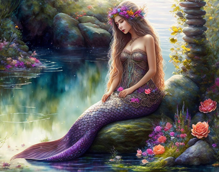 Mermaid with Long Hair and Floral Crown by Serene Pond