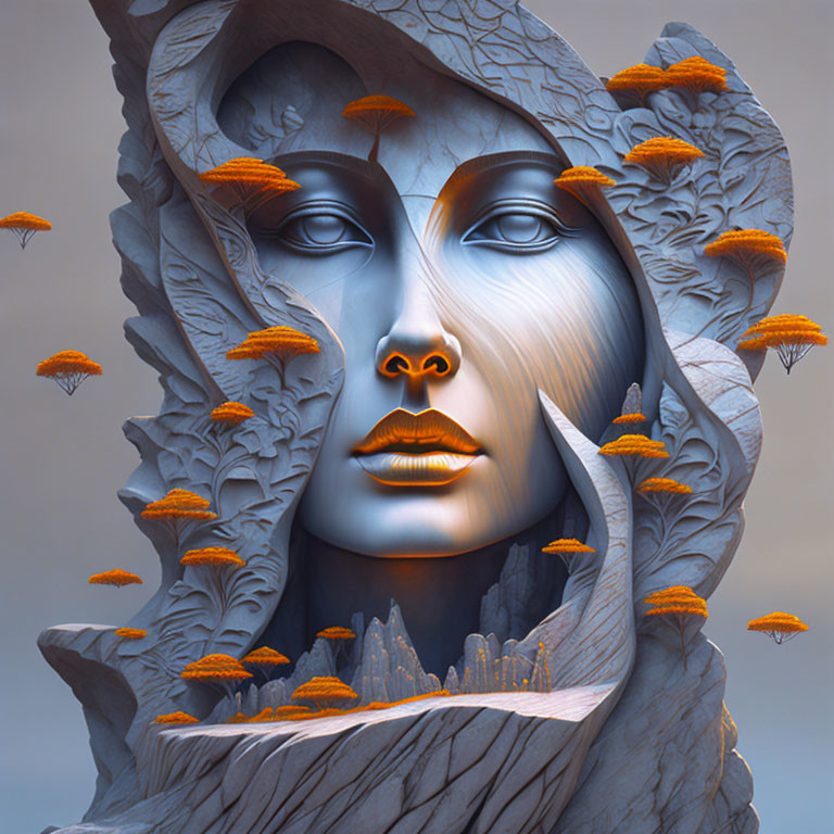 Surreal digital art: Female face in rocky formation with orange mushrooms.