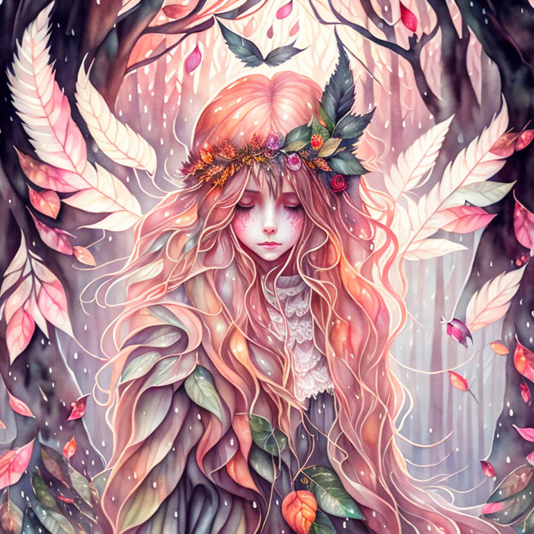 Illustration: Girl with long wavy hair blending with autumn leaves and floral crown.