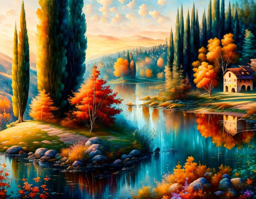 Autumnal landscape painting with colorful trees, lake, house, and mountains.