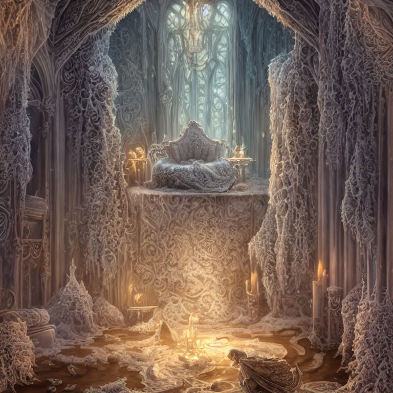 Luxurious Frost-Covered Room with Lavish Bed and Glowing Candles