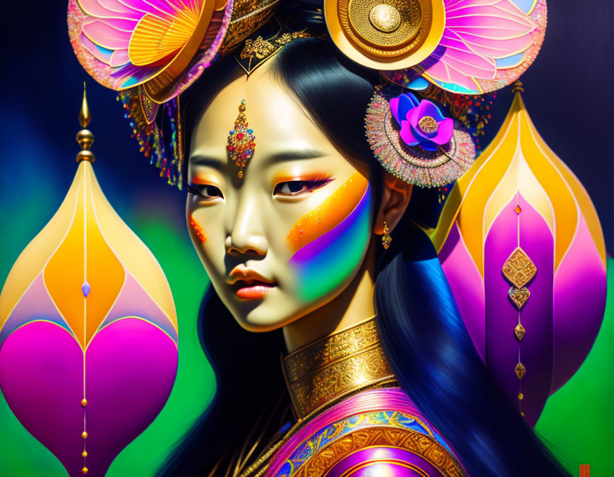 Vibrant digital artwork of woman with elaborate headdress and lanterns