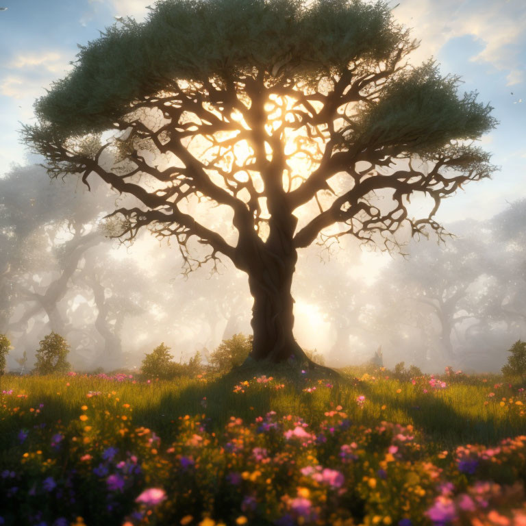 Majestic tree with thick trunk and sprawling branches in sunlit meadow