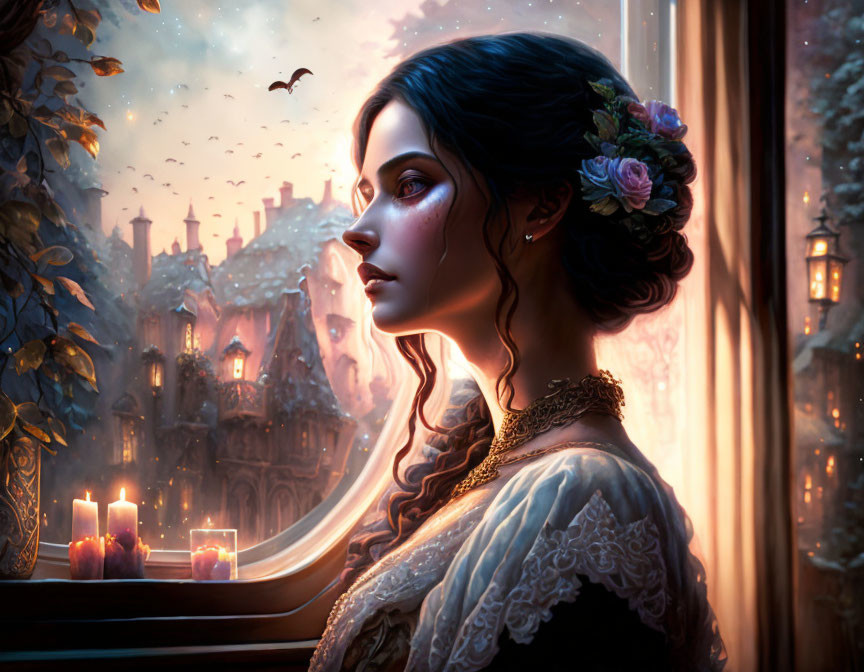 Woman with flowers in hair gazing out window at twilight in romantic, fantasy scene