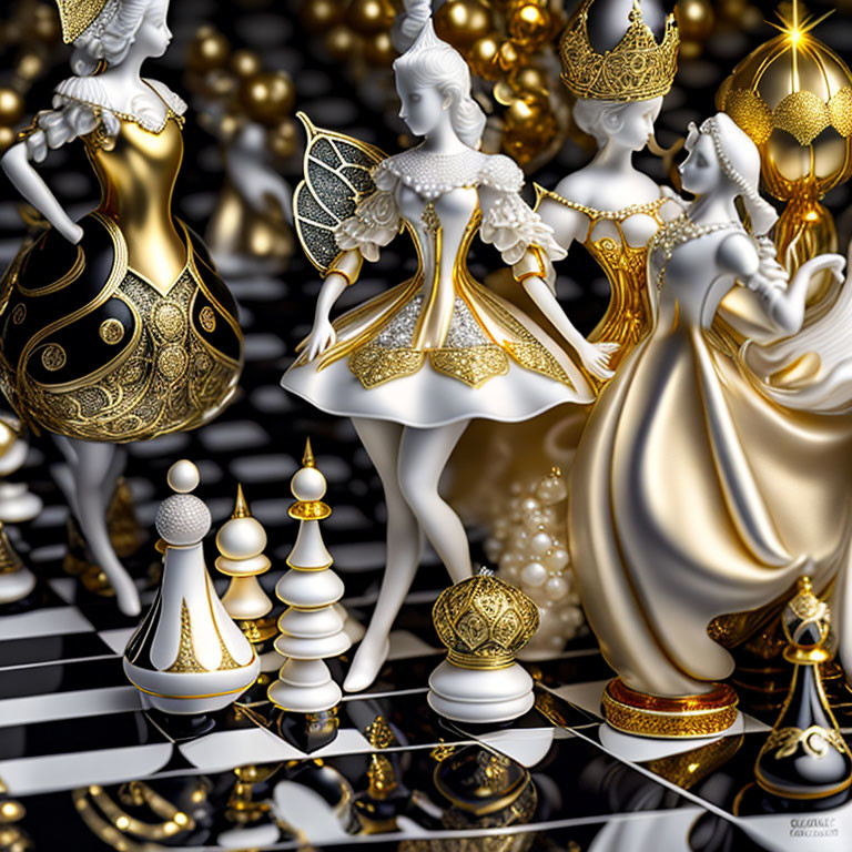 Surreal chessboard with ornate humanoid figures in white and gold