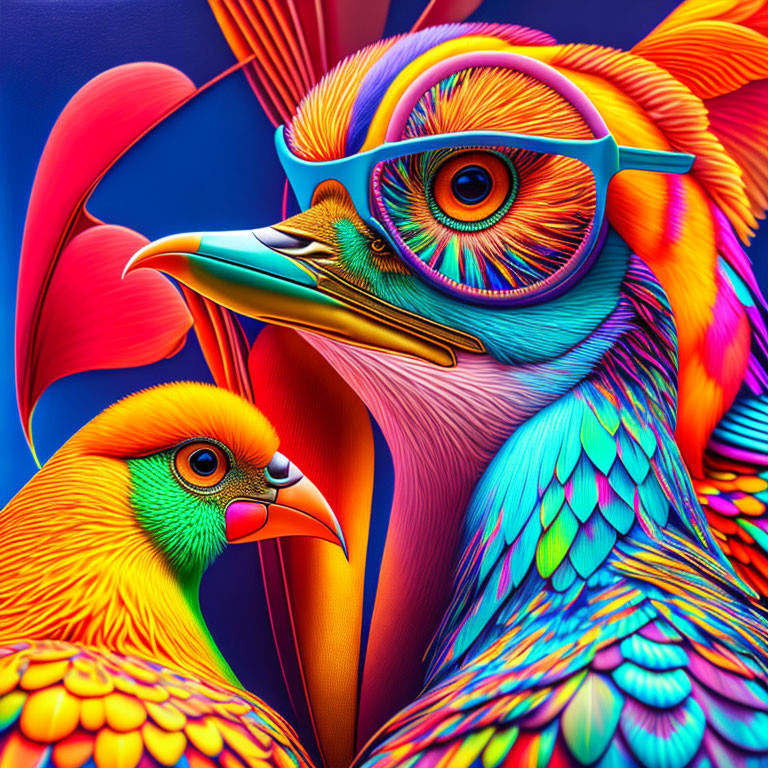 Colorful Psychedelic Digital Art: Stylized Birds with Vibrant Plumage