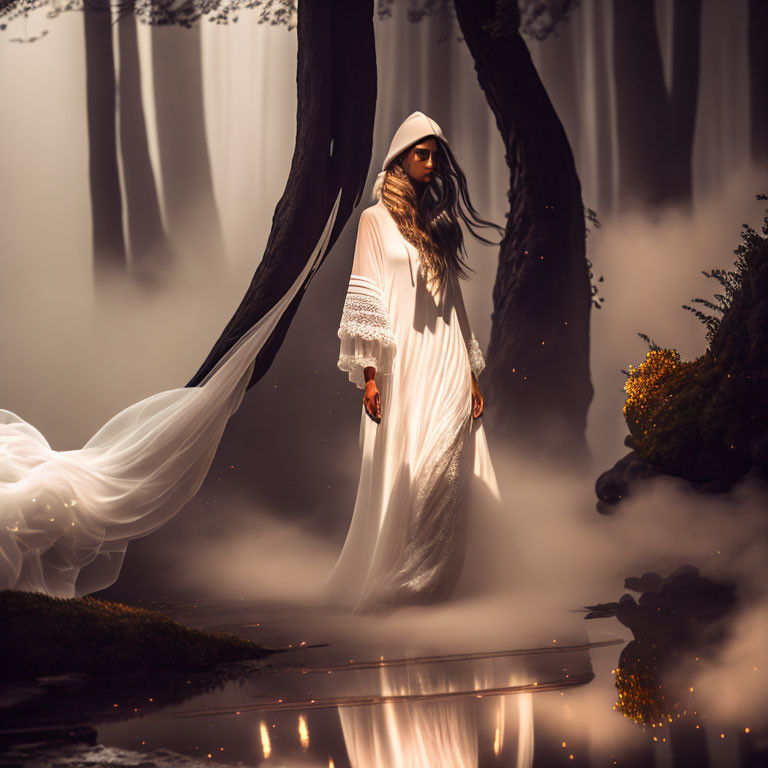 Woman in white dress and hood standing in misty woods with flowing veil, reflecting on water's surface