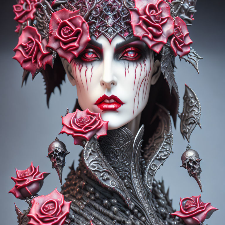 Elaborate dark fantasy makeup with red roses and skull motifs