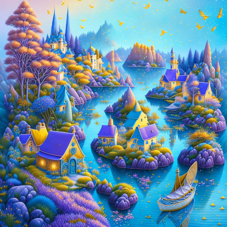 Fantasy landscape with purple foliage, cozy cottages, river, sailboat, and starry sky