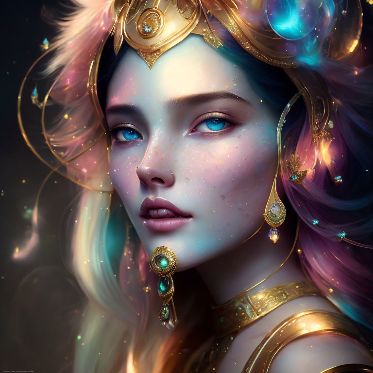 Fantasy portrait of female character with multi-colored hair and ornate gold jewelry