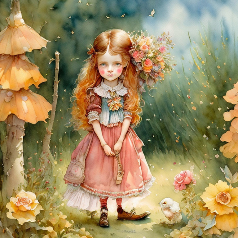 Illustration of young girl with auburn hair in pink dress in fairy-tale forest