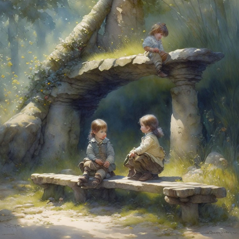 Tranquil forest scene with stone bridge and children