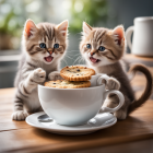 Anthropomorphic Cat Characters in Teacup with Cookies and Drink Can