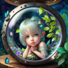 Elf with Blue Hair and Big Eyes in Whimsical Nature Scene