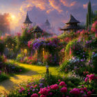 Charming sunset scene of enchanted cottages in flower-filled landscape