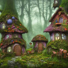 Whimsical treehouses in enchanted forest setting