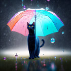 Black cat under colorful umbrella in rain with glowing raindrops on grass.