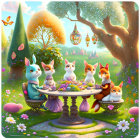 Whimsical animated animals at tea in colorful garden