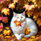 Fluffy white cat in colorful autumn leaves scene