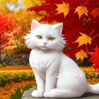 White and Ginger Cat with Blue Eyes in Autumn Leaves