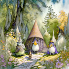 Four rabbits in fairy garden with colorful watercolor scenery