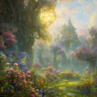 Sunlight illuminates colorful meadow with flowers on misty morning