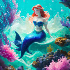 Vibrant mermaid with red hair swimming in colorful underwater scene