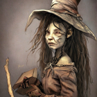 Digital artwork featuring a woman with mystical green eyes and a witch's hat casting magical tendrils.