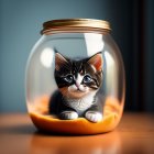 Black and White Kitten with Blue Eyes in Glass Jar with Glowing Lights