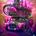 Vintage car with steampunk modifications and purple lights in misty setting