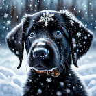 Black dog with snowflake on head in wintry scene