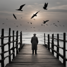 Person in Coat on Wooden Pier Watching Sunset with Birds Flying overhead