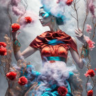 Woman in Vibrant Attire Poses Among Swirling Smoke and Roses