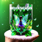 Fantasy-themed image of winged fairy in glass with crystals and greenery on green backdrop