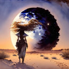 Surreal artwork of woman walking towards cosmic celestial body