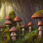 Colorful Mushroom Forest Scene with Gnome-Like Figures