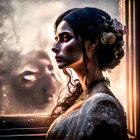 Woman with flowers in hair gazing out window at twilight in romantic, fantasy scene