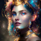 Fantasy portrait of female character with multi-colored hair and ornate gold jewelry