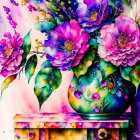 Colorful Flower Bouquet Painting on Teal Vase Against Pastel Background