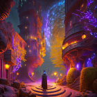 Enchanted purple-lit town with mystical architectures and celestial event