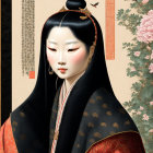 Traditional East Asian Attire with Cherry Blossoms Illustration