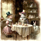 Illustration of young girl and rabbit at tea table with teapots